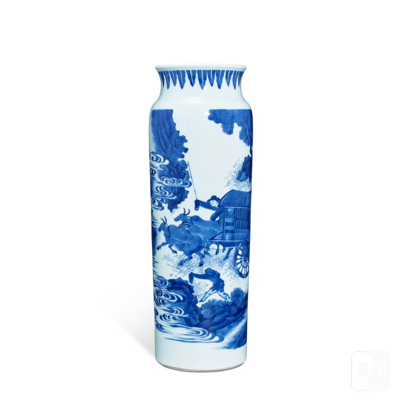 A blue and white 'figures' rouleau vase, Qing dynasty, Shunzhi period | 清順治 青花人物故事圖筒瓶 - 图4